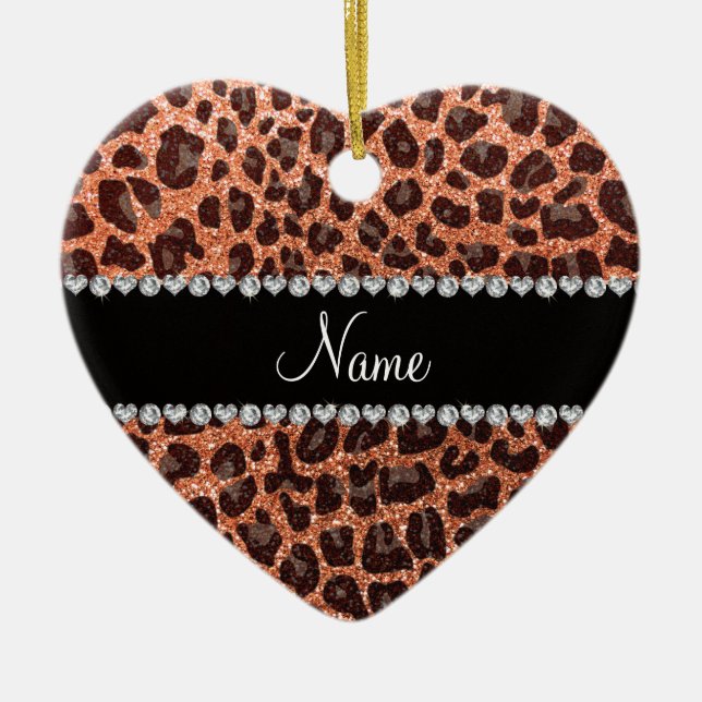 Custom name pastel orange glitter leopard print ceramic tree decoration (Front)