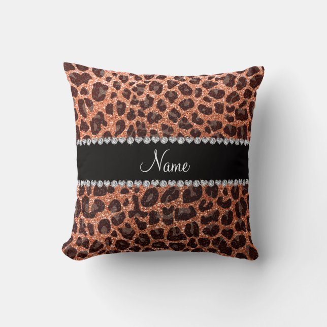 Custom name pastel orange glitter leopard print cushion (Front)