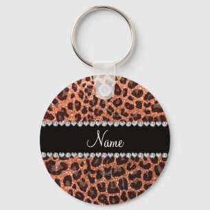 Custom name pastel orange glitter leopard print key ring