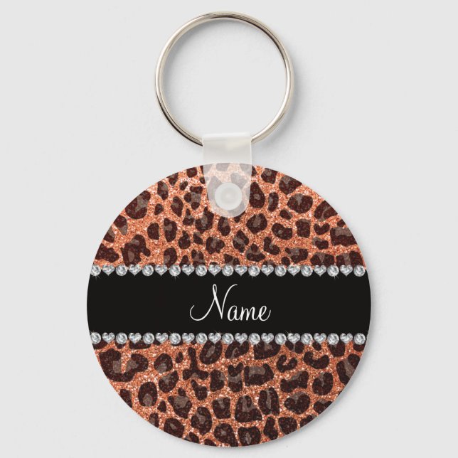 Custom name pastel orange glitter leopard print key ring (Front)