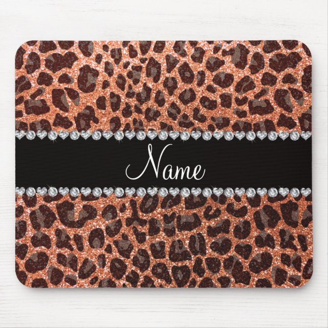 Custom name pastel orange glitter leopard print mouse mat (Front)