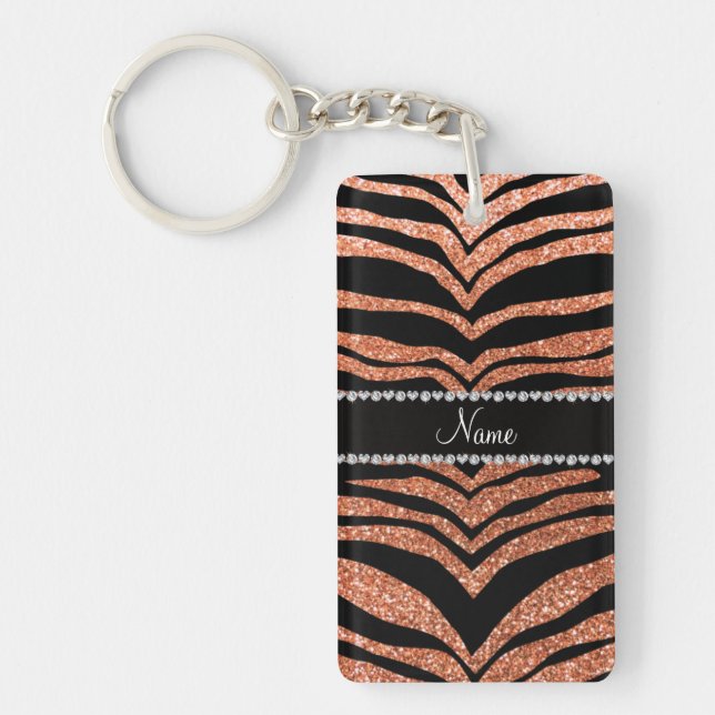Custom name pastel orange glitter tiger stripes key ring (Front)