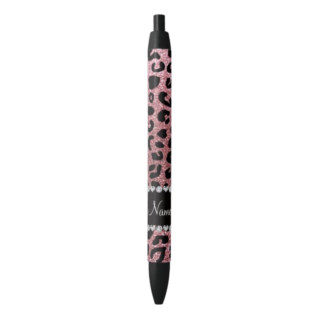Custom name pastel pink glitter cheetah print black ink pen (Front Vertical)