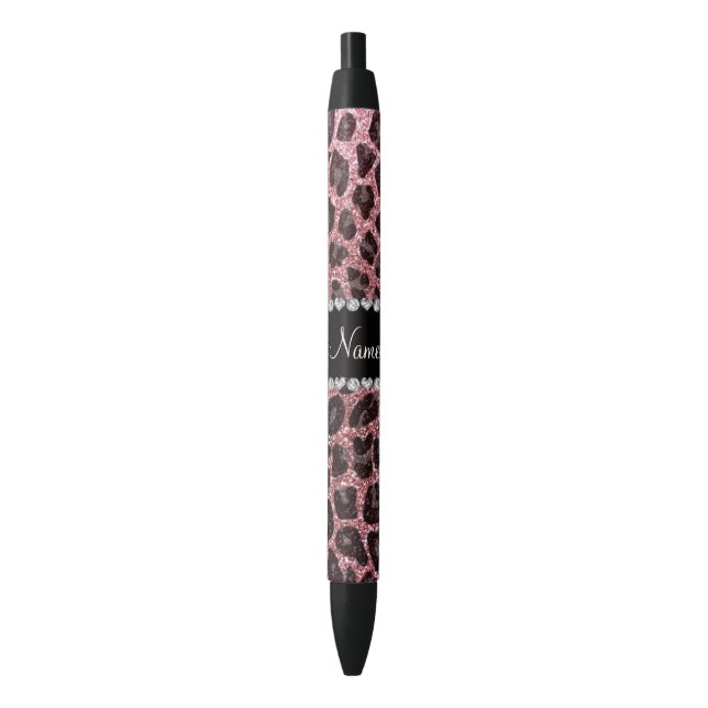 Custom name pastel pink glitter leopard print black ink pen (Front Vertical)