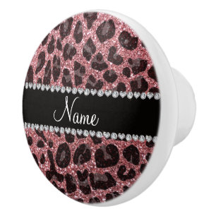 Custom name pastel pink glitter leopard print ceramic knob