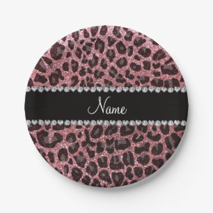 Custom name pastel pink glitter leopard print paper plate