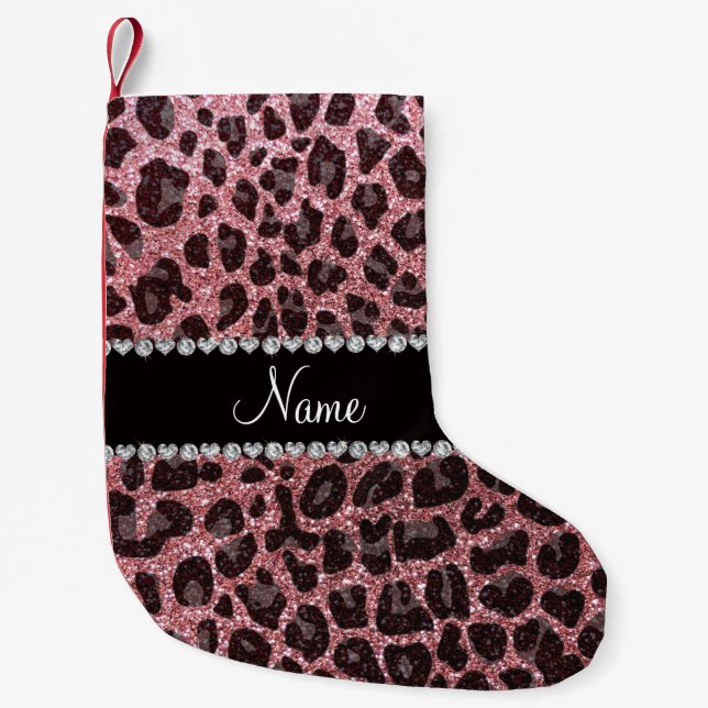 Custom name pastel pink glitter leopard print small christmas stocking (Front)