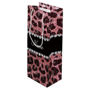 Custom name pastel pink glitter leopard print wine gift bag