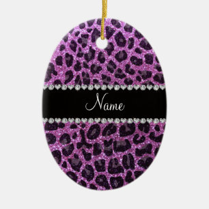 Custom name pastel purple glitter leopard print ceramic tree decoration