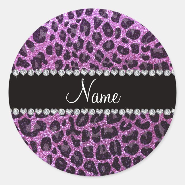 Custom name pastel purple glitter leopard print classic round sticker (Front)