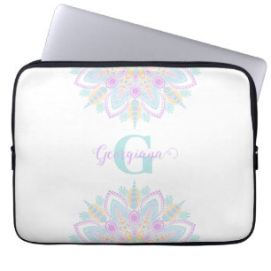 Custom Name Pastel Rainbow Floral Sundae Mandala Laptop Sleeve