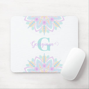 Custom Name Pastel Rainbow Floral Sundae Mandala Mouse Mat