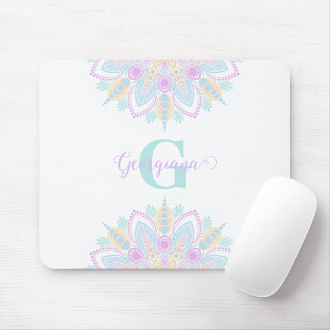 Custom Name Pastel Rainbow Floral Sundae Mandala Mouse Mat (With Mouse)