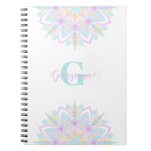 Custom Name Pastel Rainbow Floral Sundae Mandala Notebook (Front)