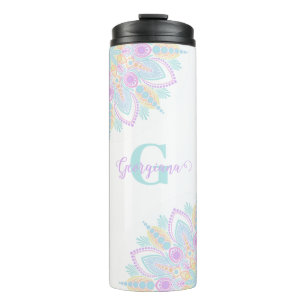 Custom Name Pastel Rainbow Floral Sundae Mandala Thermal Tumbler