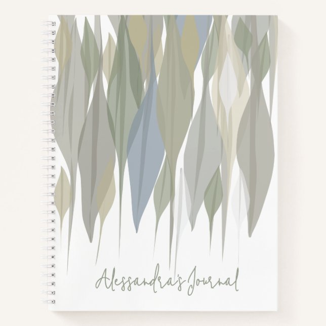 Custom name pastel sage green grey beige leaves notebook (Front)