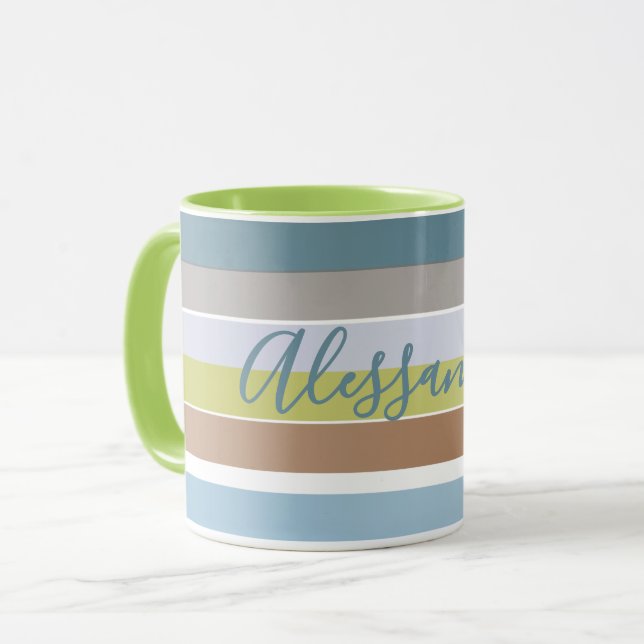 Custom Name Pastel Stripes Minimalist Blue Brown Mug (Front Left)