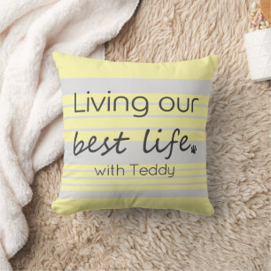 Custom Name Pastel Yellow and Light Grey Stripe Cushion