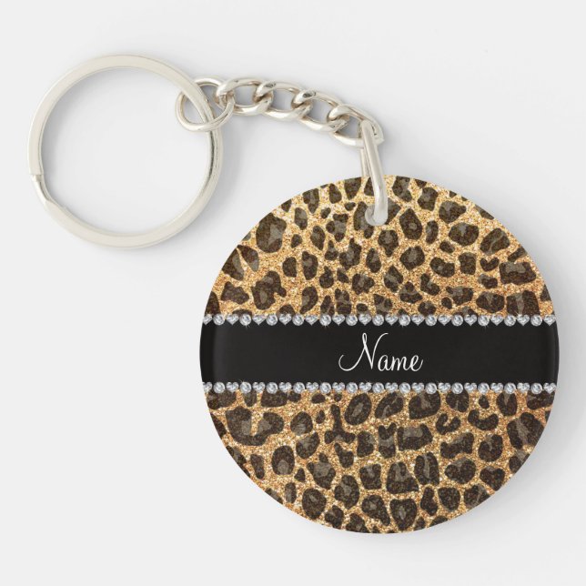 Custom name pastel yellow glitter leopard print key ring (Front)