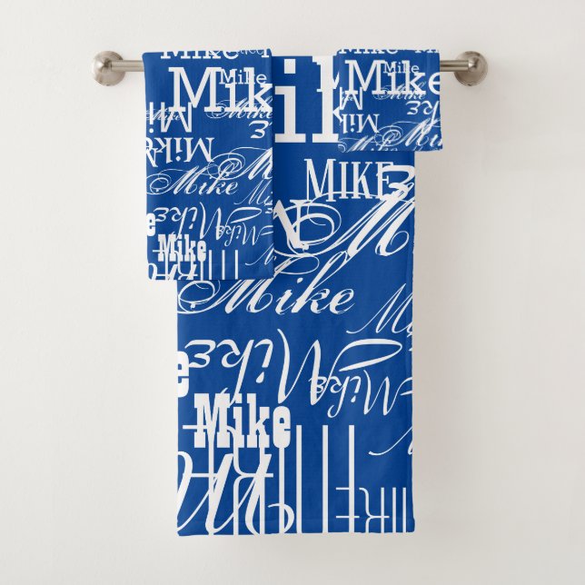 Custom Name Pattern on BLUE Colour Bath Towel Set (Insitu)