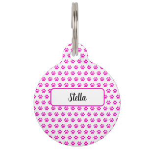 Custom Name Paw Print Patterns Pink White Colorful Pet Tag