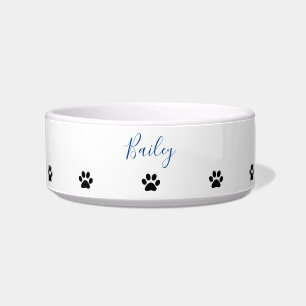 Custom Name Paw Prints Patterns Blue Black White Bowl