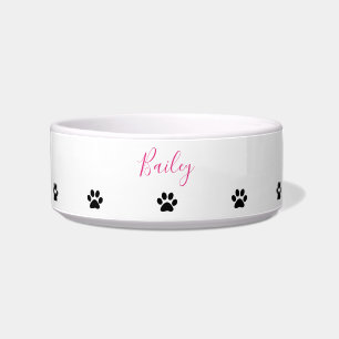 Custom Name Paw Prints Patterns Pink Black White Bowl