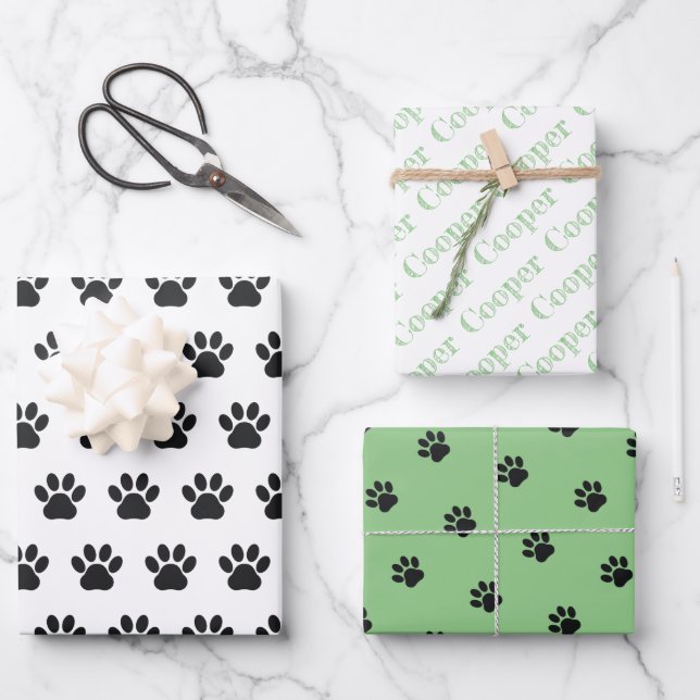 Custom Name Paw Prints Wrapping Paper Sheets (Front)