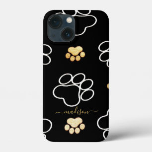 Custom Name Pawprint Modern Black And Gold iPhone 13 Mini Case