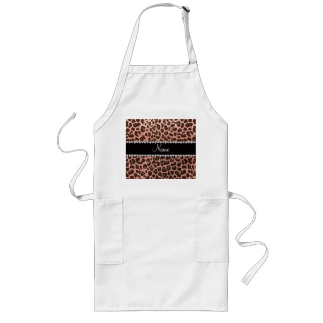 Custom name peach orange glitter leopard print long apron (Front)