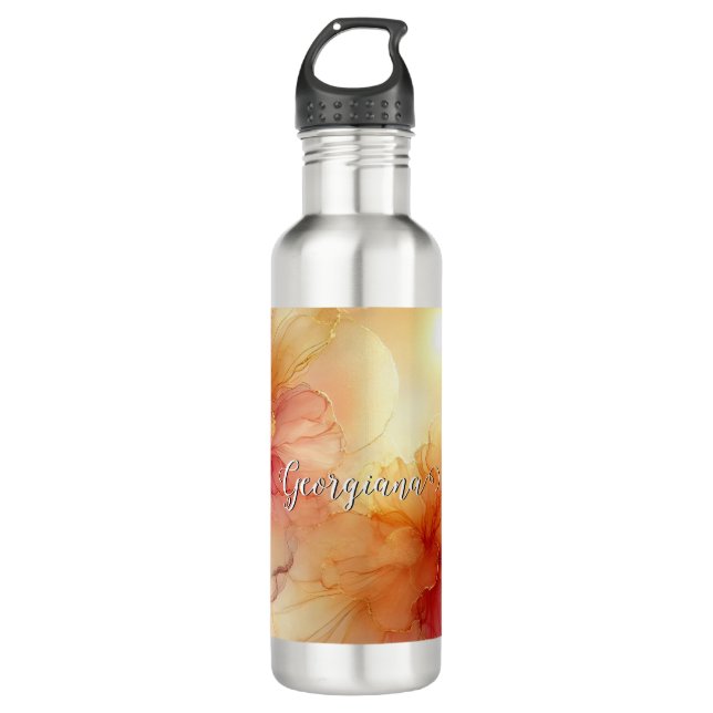 Custom Name Peach Raspberry Floral Alcohol Ink Art 710 Ml Water Bottle (Front)