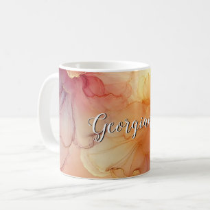 Custom Name Peach Raspberry Floral Alcohol Ink Art Coffee Mug