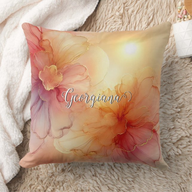 Custom Name Peach Raspberry Floral Alcohol Ink Art Cushion (Blanket)