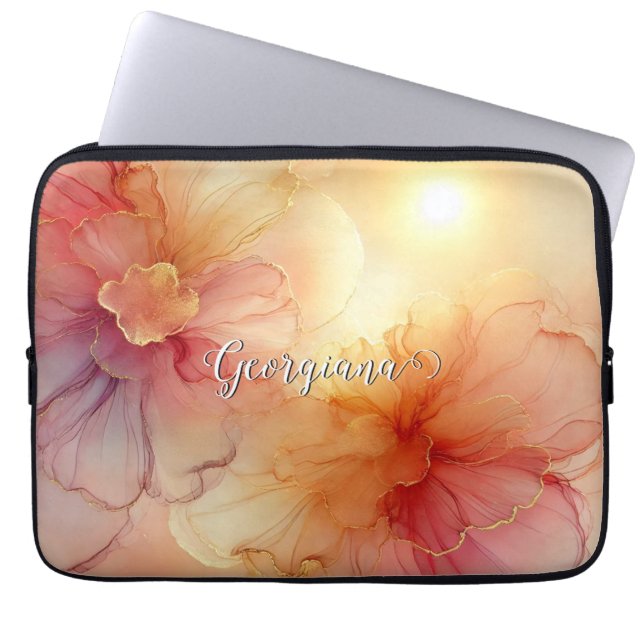 Custom Name Peach Raspberry Floral Alcohol Ink Art Laptop Sleeve (Front)