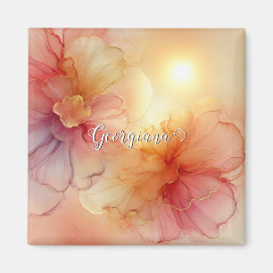 Custom Name Peach Raspberry Floral Alcohol Ink Art Magnet