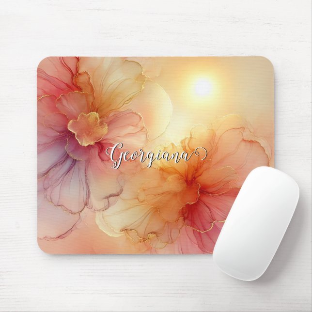 Custom Name Peach Raspberry Floral Alcohol Ink Art Mouse Mat (With Mouse)