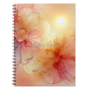 Custom Name Peach Raspberry Floral Alcohol Ink Art Notebook