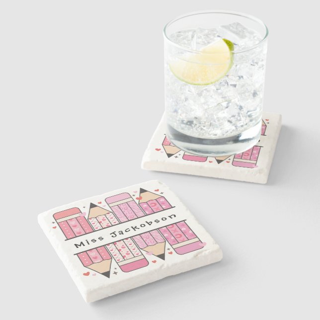 Custom Name Pencil Teacher Stone Coaster (Side)