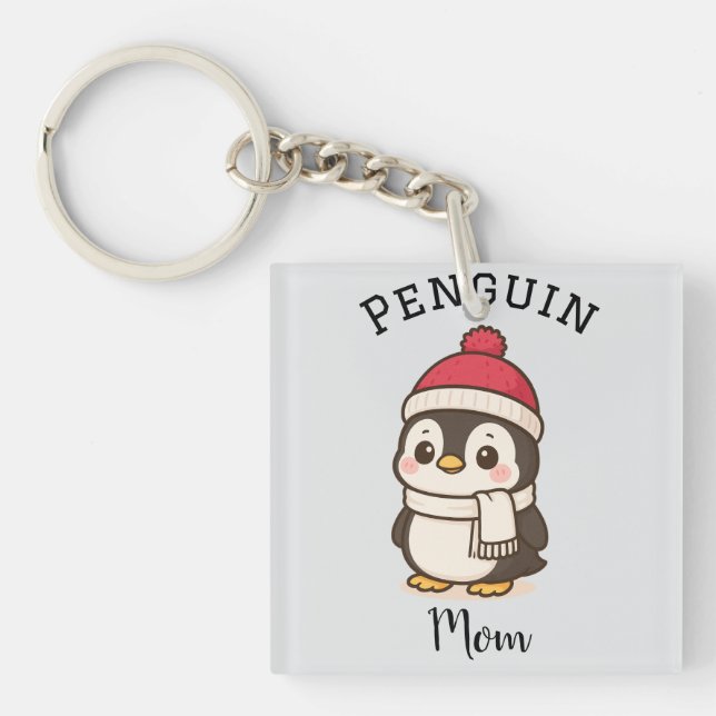 Custom Name "Penguin Mum" Red White Black  Key Ring (Front)