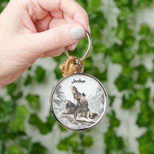 Custom Name Personalised 3 Wolves Howling Key Ring