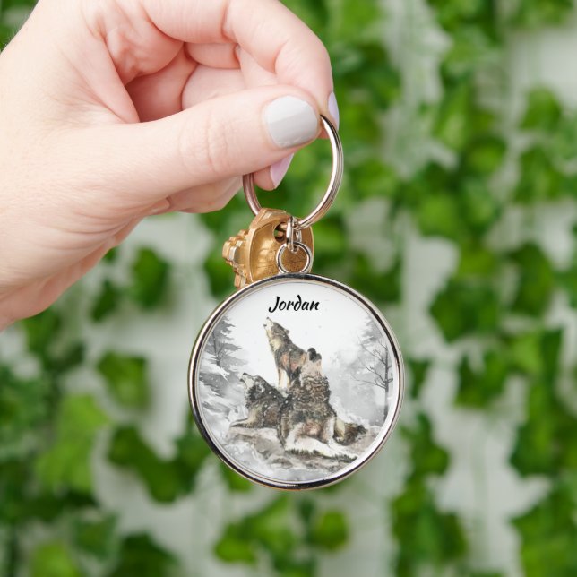 Custom Name Personalised 3 Wolves Howling Key Ring (Hand)