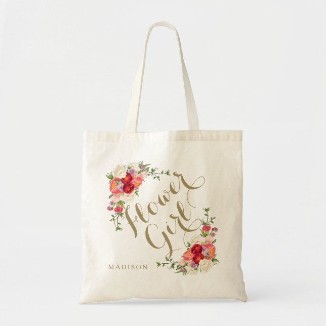 Custom name personalised flower girl gift peonies tote bag (Front)