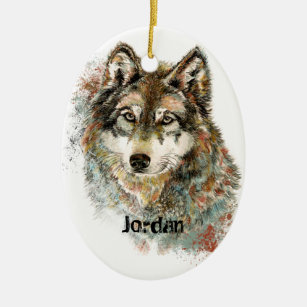Custom Name Personalised Grey Wolf Ceramic Tree Decoration