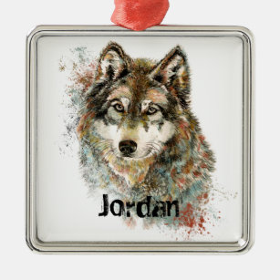 Custom Name Personalised Grey Wolf Metal Tree Decoration
