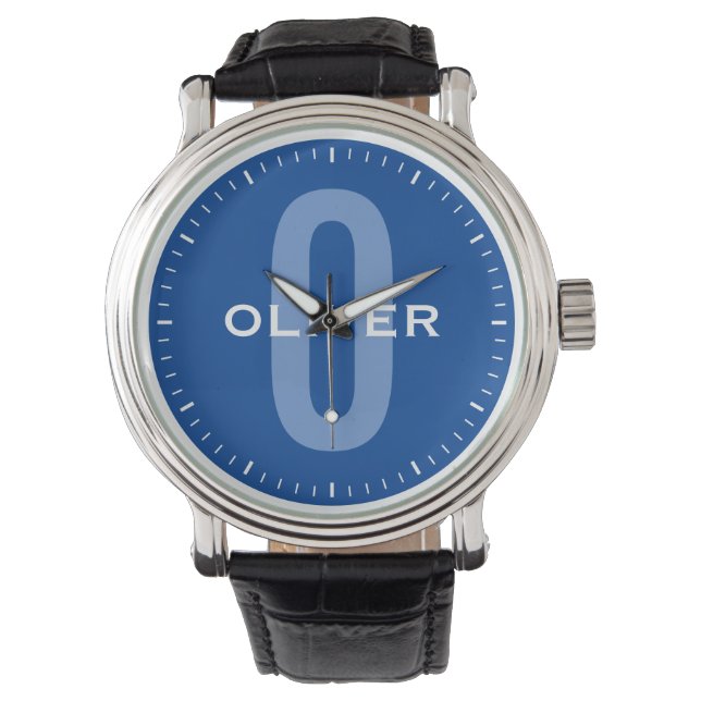 Custom Name Personalised Monogram Blue White Watch (Front)