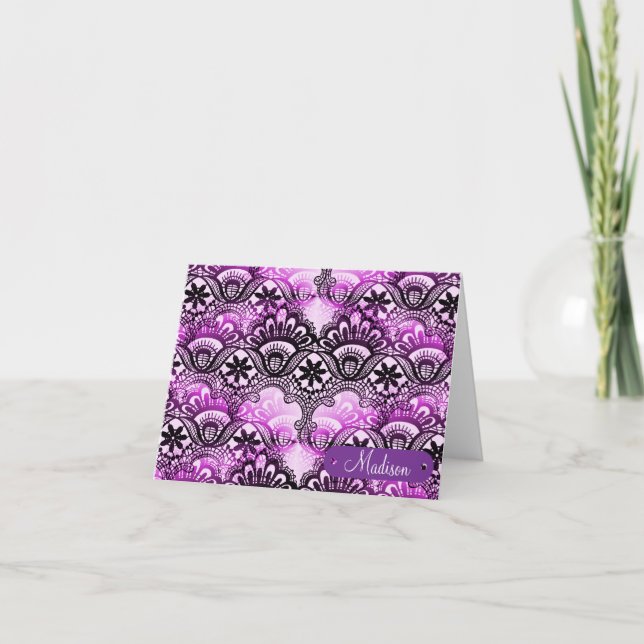 Custom Name Personalised Purple Lace Damask Card (Front)