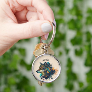Custom Name Personalised Stylised Wolf Head Key Ring