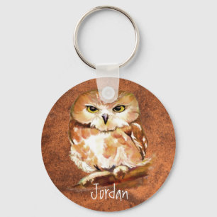 Custom Name Personalised Watercolor Owl Bird Key Ring