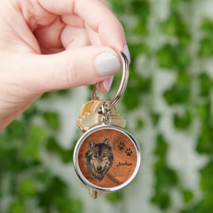 Custom Name Personalised Wolf & Tracks Key Ring
