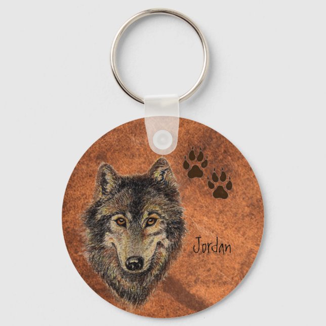 Custom Name Personalised Wolf & Tracks Key Ring (Front)
